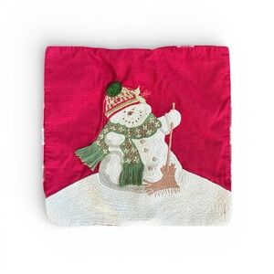 Pottery Barn Festive Red Melting Snowman Crewel Embroidered Pillow Cover 18x18
